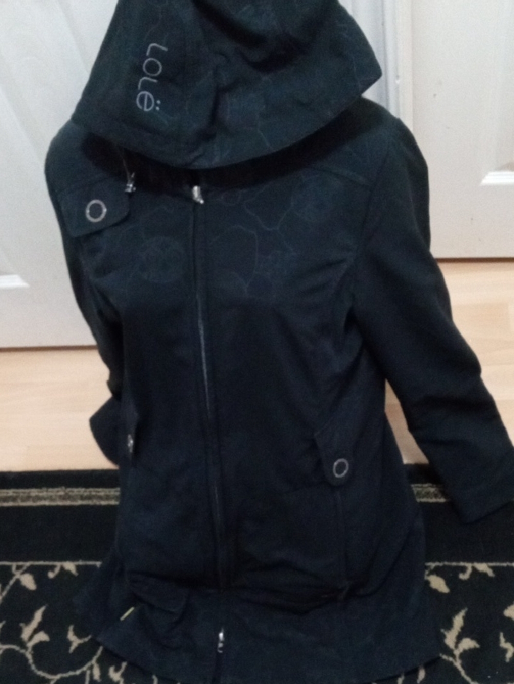 Take Extra 50% Off>>Lole Women's Black Hooded Trench Coat with Subtle Line Print